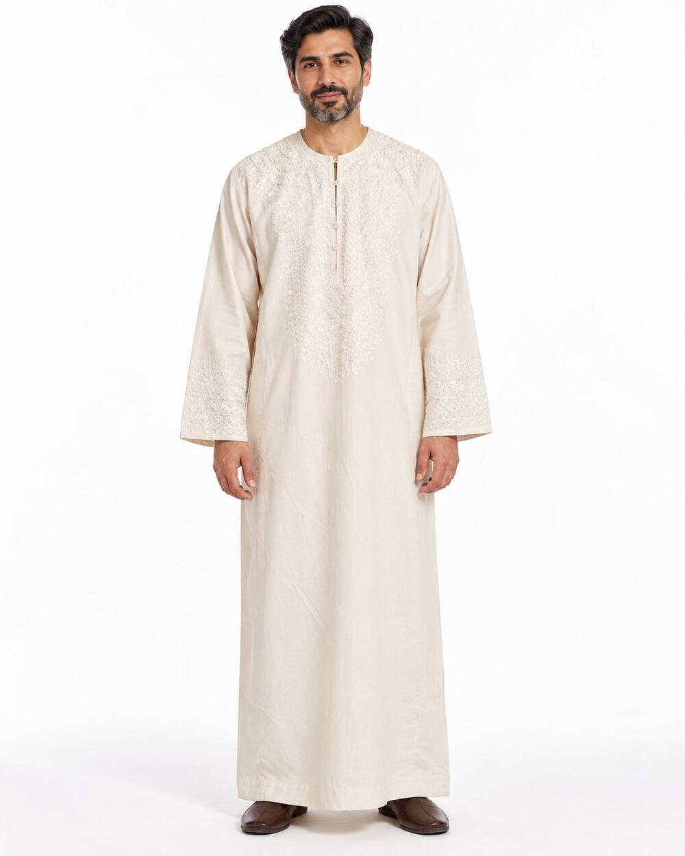 Vintage Moroccan Men’s Large Gandoura Kaftan White Embroidered Cotton